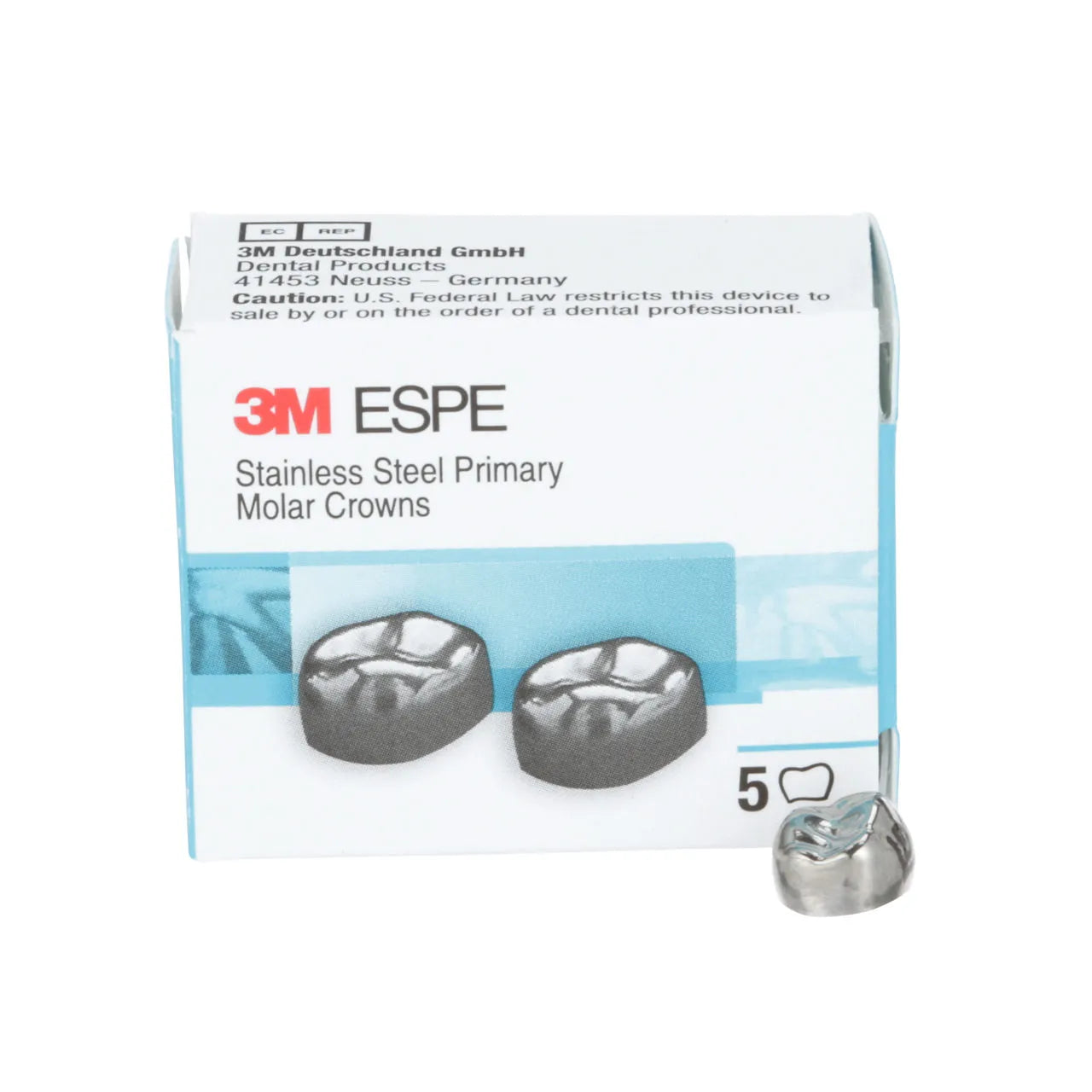 Box of 3M Espe stainless steel primary molar crowns on a white background
