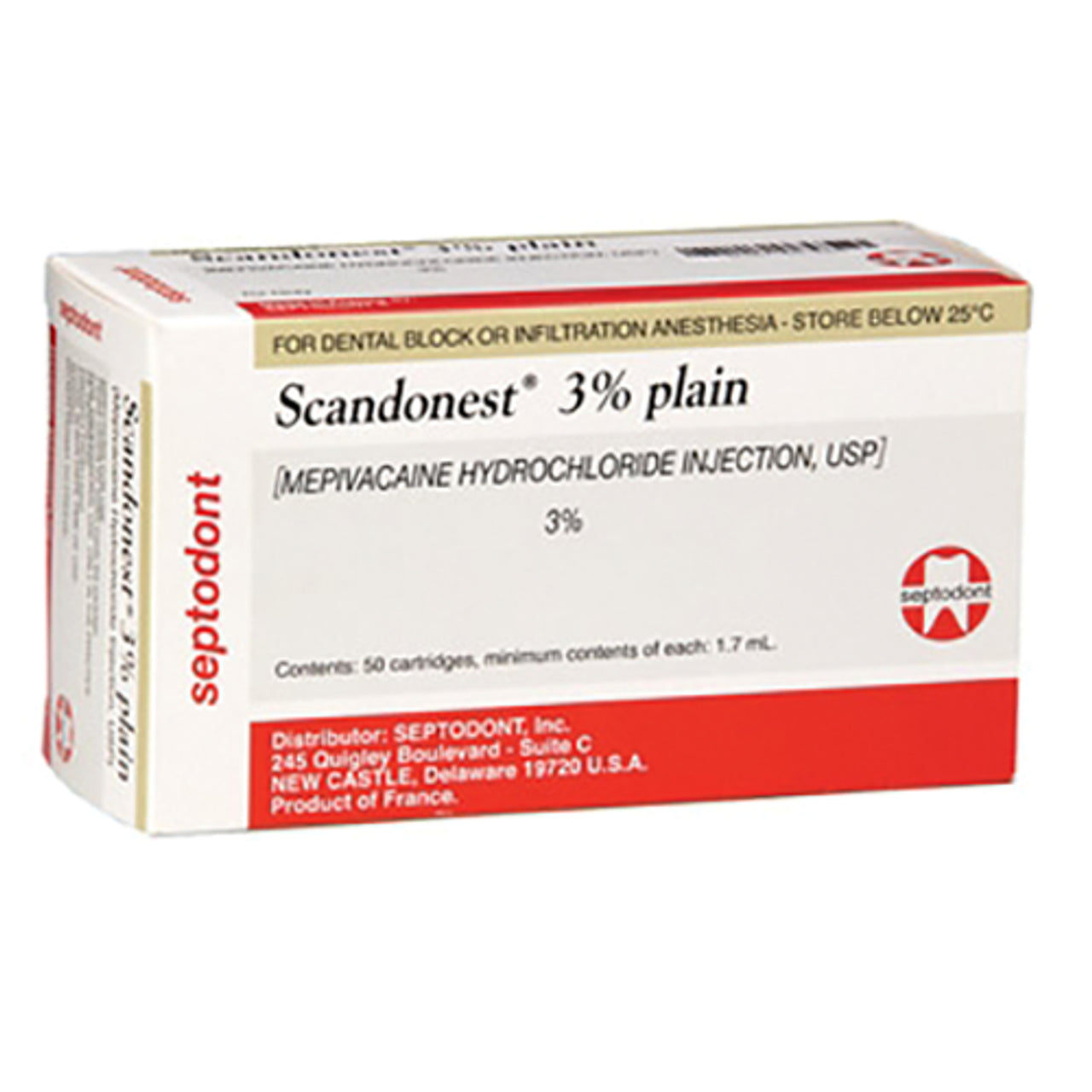 Septodont Scandonest 3% PlainL, Mepivacaine HCI 3% w/ no Vasoconstrictor, 1.7mL (Rx), 50 cartridges/bx