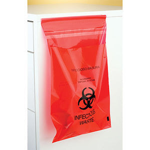 Mini Bio Hazard Waste Bag-Stick On Adheres To Most Work Surfaces, 6" X 6", Red (200Pcs/Box)