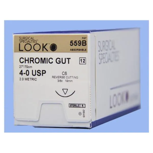 Suture 4/0 Chromic Gut Suture, 27"/70cm, C6, 18mm 3/8 Circle, 12/bx