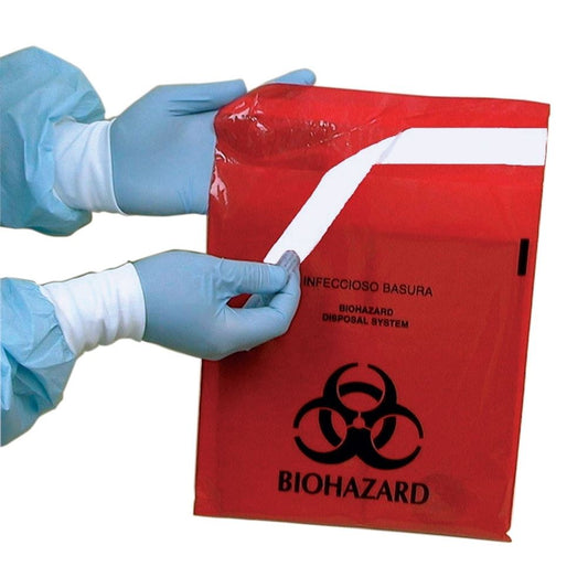 Bio Hazard Waste Bag-Stick On Adheres To Most Work Surfaces, 9" X 10", Red (200Pcs/Box)