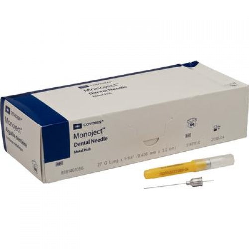 Monoect Metal Hub Dental Needles, 27 Ga Long, Yellow, 100/Box #8881401056