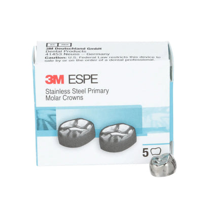 Box of 3M Espe stainless steel primary molar crowns on a white background