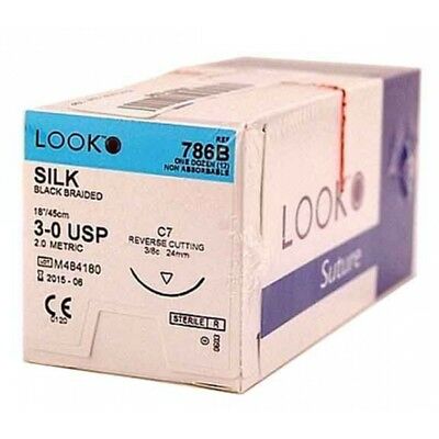 Look Silk Black Braided Non-Absorbable Sutures, 3/0, C7 Needle, 18", 12/Pkg #786B