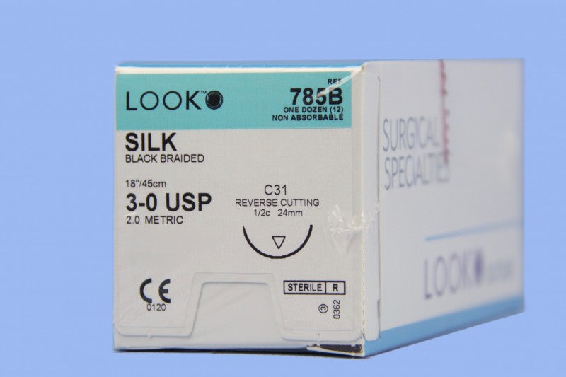 Look Silk Black Braided Non-Absorbable Sutures, 3/0, C31 Needle, 18", 12/Pkg #785B