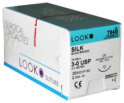 Look Silk Black Braided Non-Absorbable Sutures, 3/0, C6 Needle, 18", 12/Pkg #784B