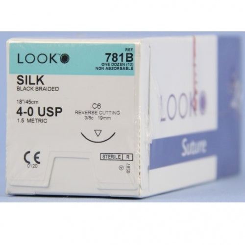 Look Silk Black Braided Non-Absorbable Sutures, 4/0, C6 Needle, 18", 12/Pkg #781B
